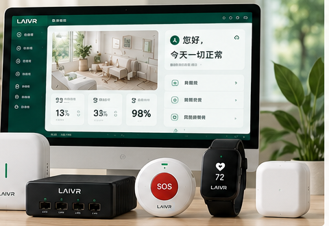 养老系统演示看板与摄像感知、毫米波、紧急呼叫和边缘计算硬件的软硬一体展示